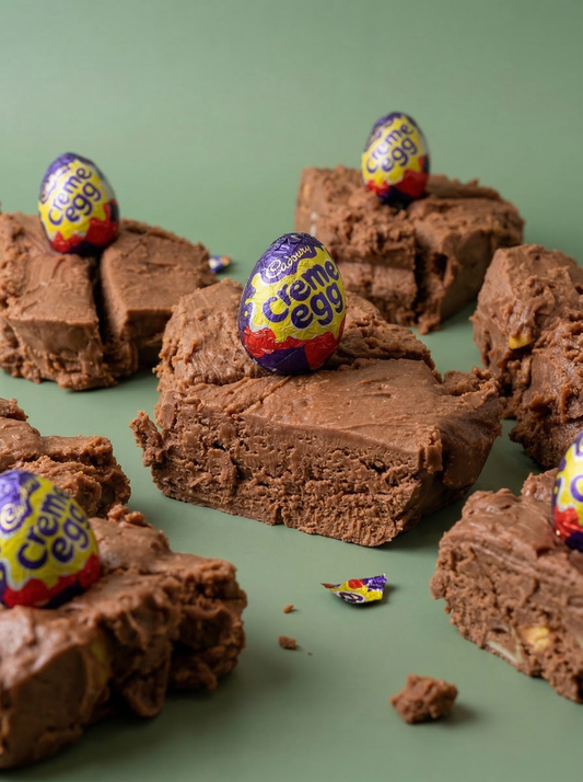 Delicious chocolate fudge with Cadbury Creme Egg candies on a green background