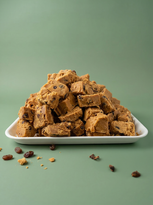 pile of rum and raisin fudge for a gift