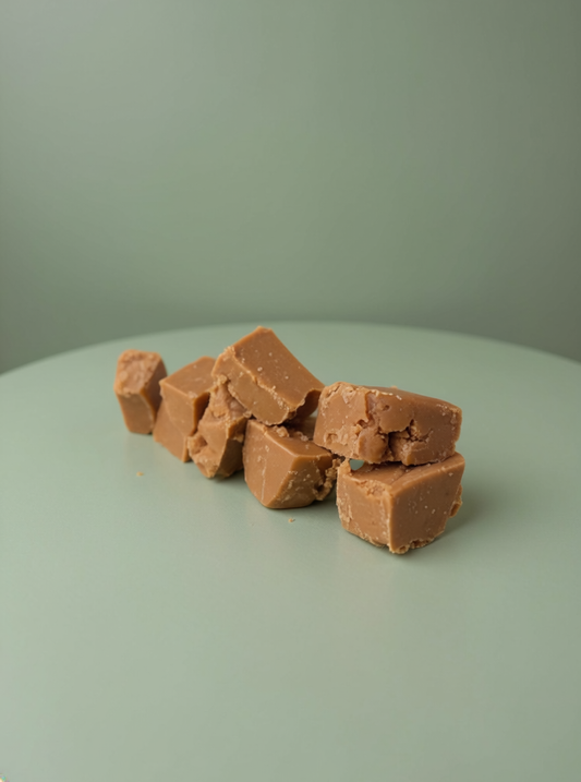 vanilla fudge on a sage green background, ready for gifting