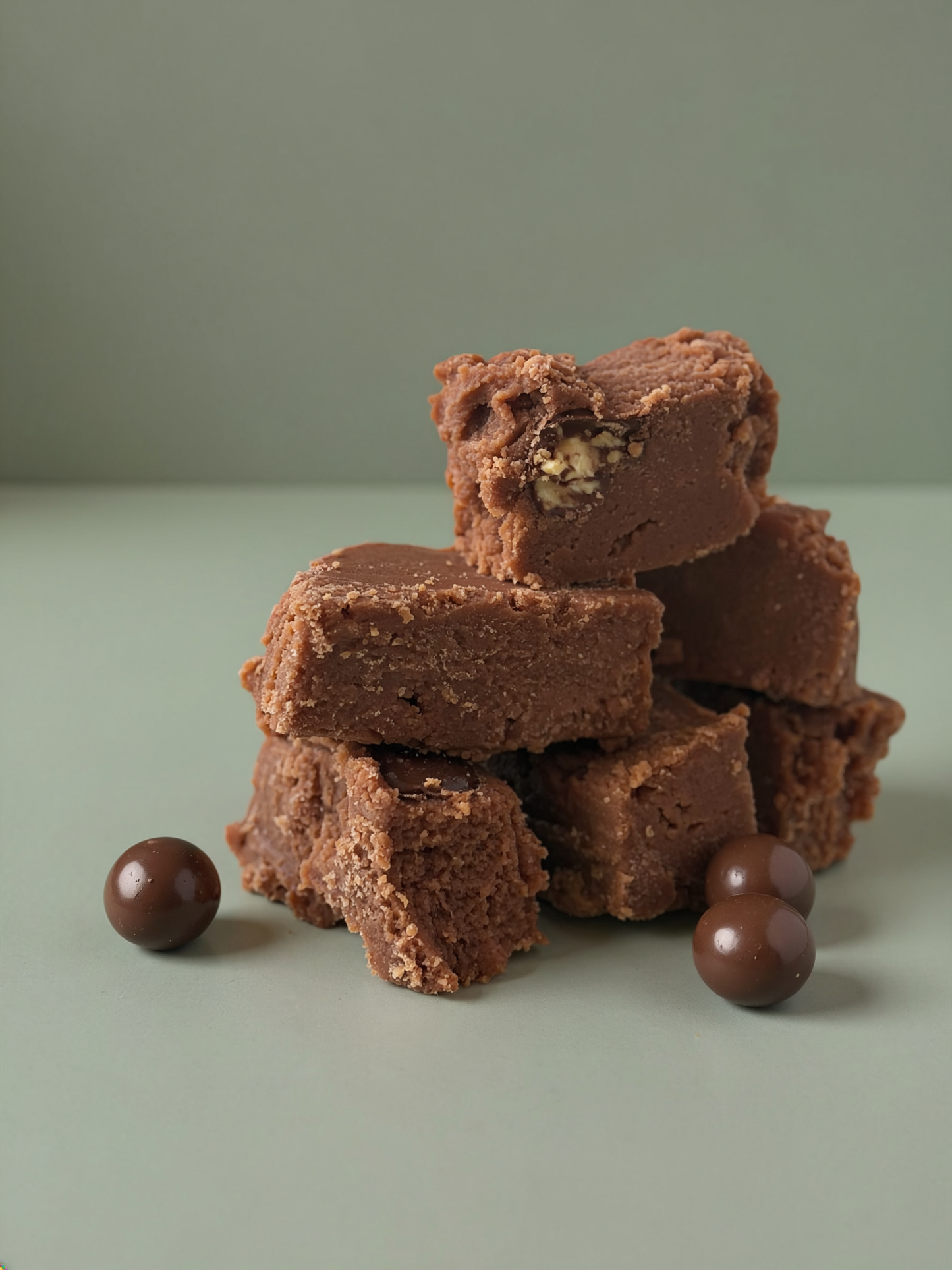 Stack of chocolate fudge with a few chocolate malteser balls on a light green background