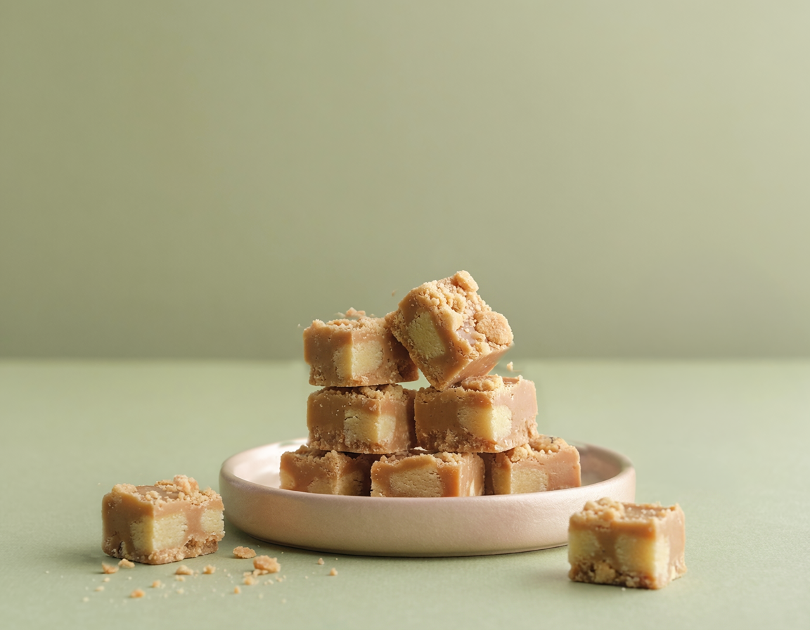 Stack of marzipan fudge pieces on a white plate with a green background