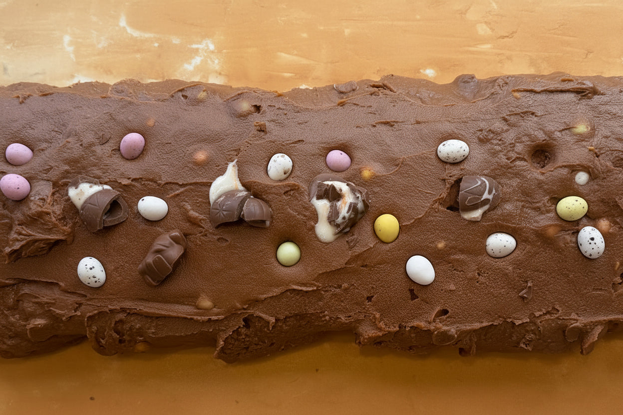 Chocolate log with various candies on a wooden surface