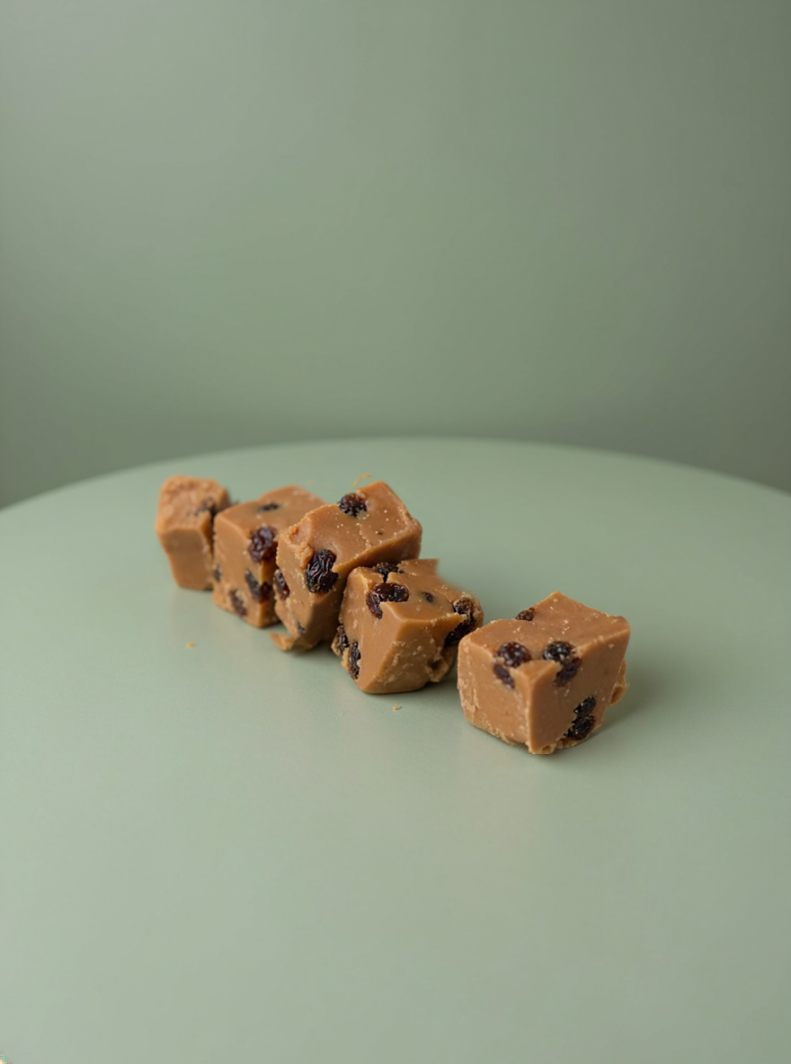 Rum and raisin fudge in a gift box.