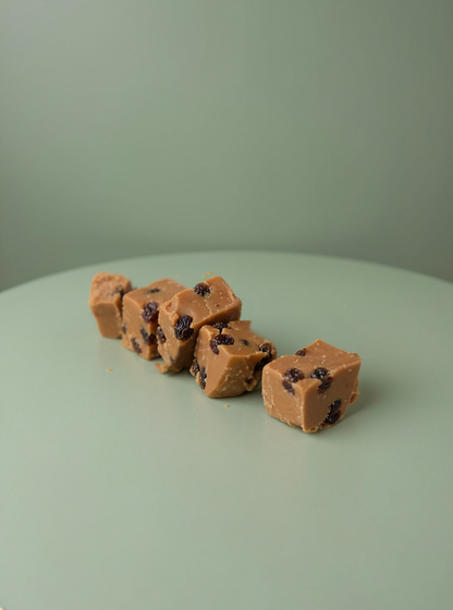 Rum and raisin fudge in a gift box.